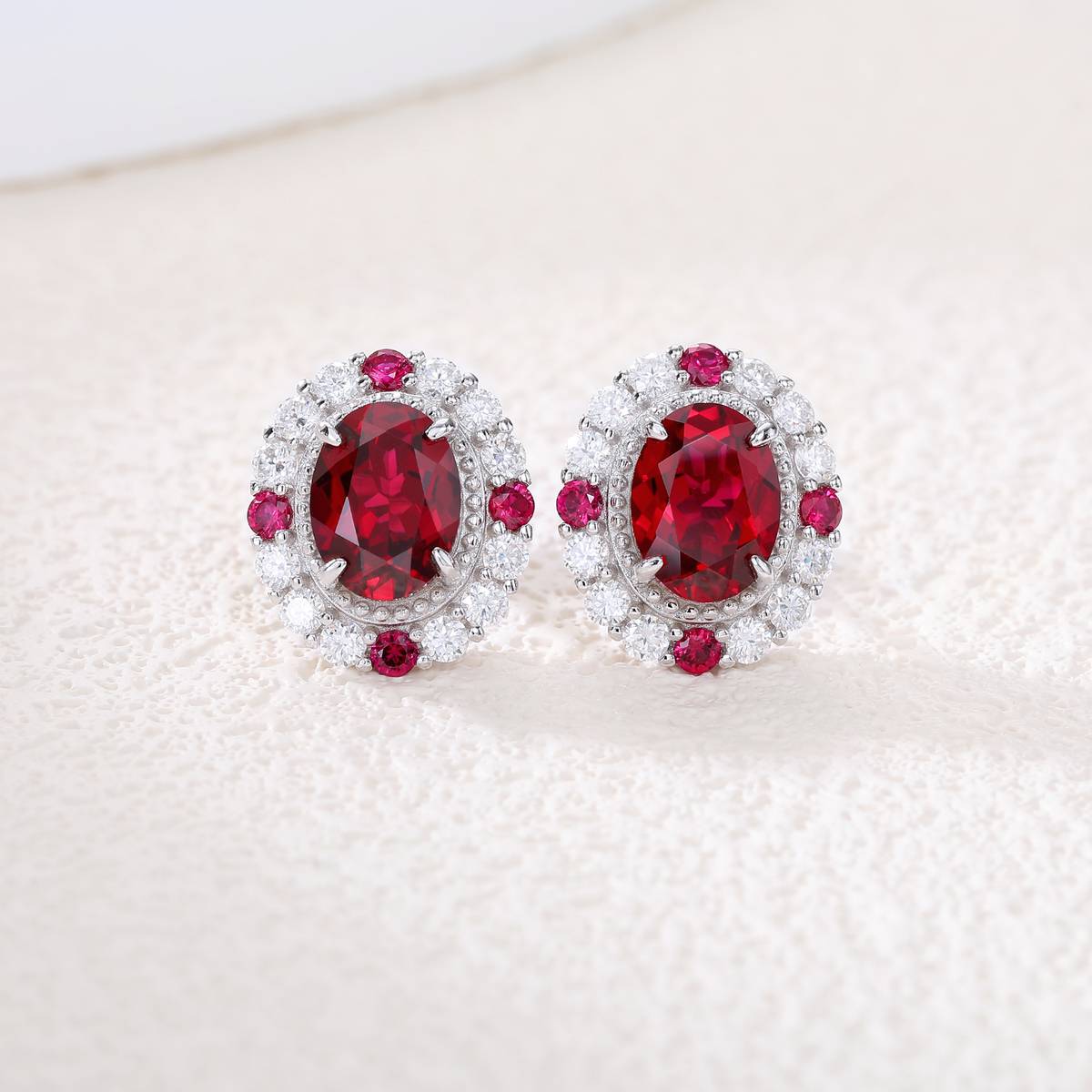 ECB7002银镀18K白金蛋形培育红宝宫廷风鸽子蛋耳环8*6mm/1.5ct*2粒